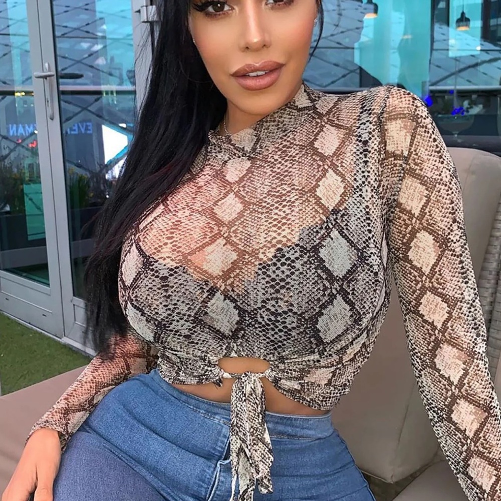 Mesh Snakeskin Print Tie-Front Top